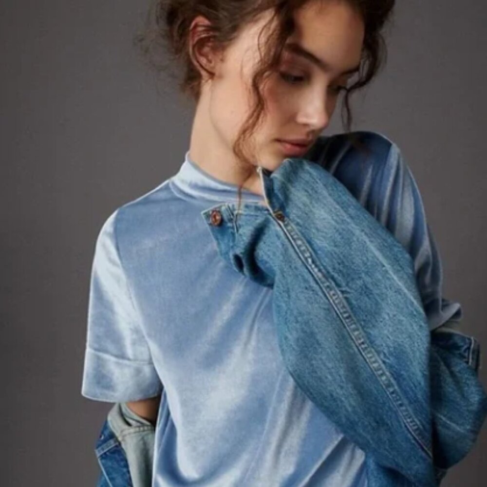 Anthropologie Krisha Velvet Mock Neck Top Slate Blue, S